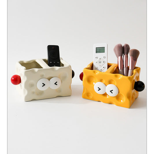 Cheese-Shaped Ceramic Multi-Compartment Organizer -  Desktop Storage for Remotes, Makeup Brushes & Desk Supplies