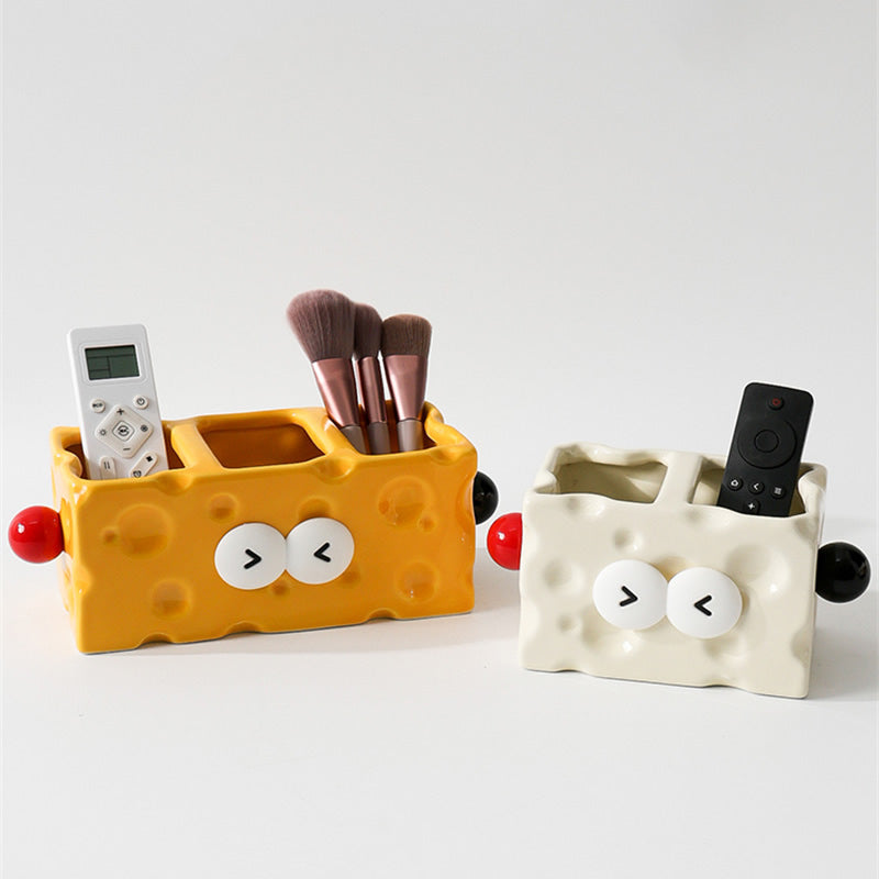 Cheese-Shaped Ceramic Multi-Compartment Organizer -  Desktop Storage for Remotes, Makeup Brushes & Desk Supplies