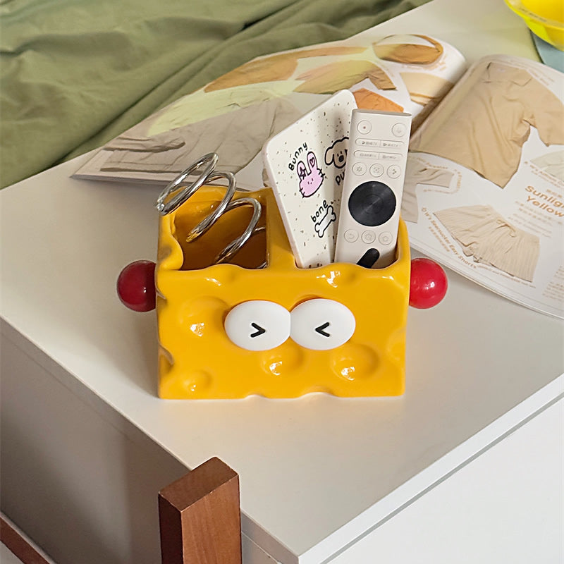 Cheese-Shaped Ceramic Multi-Compartment Organizer -  Desktop Storage for Remotes, Makeup Brushes & Desk Supplies