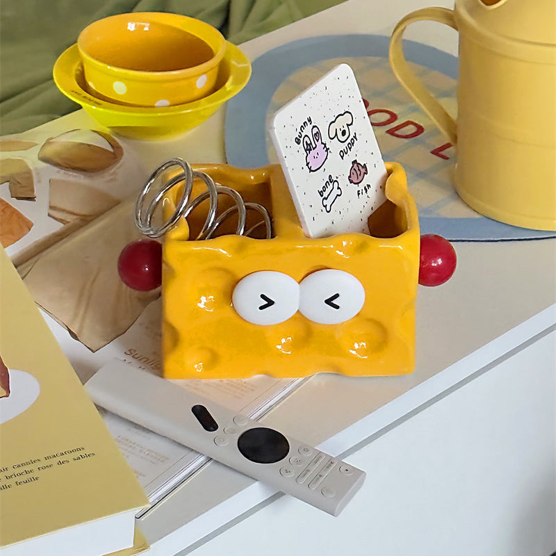 Cheese-Shaped Ceramic Multi-Compartment Organizer -  Desktop Storage for Remotes, Makeup Brushes & Desk Supplies