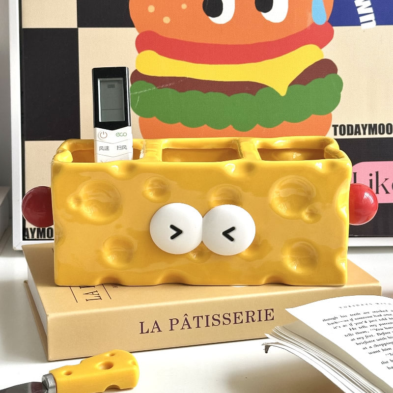 Cheese-Shaped Ceramic Multi-Compartment Organizer -  Desktop Storage for Remotes, Makeup Brushes & Desk Supplies