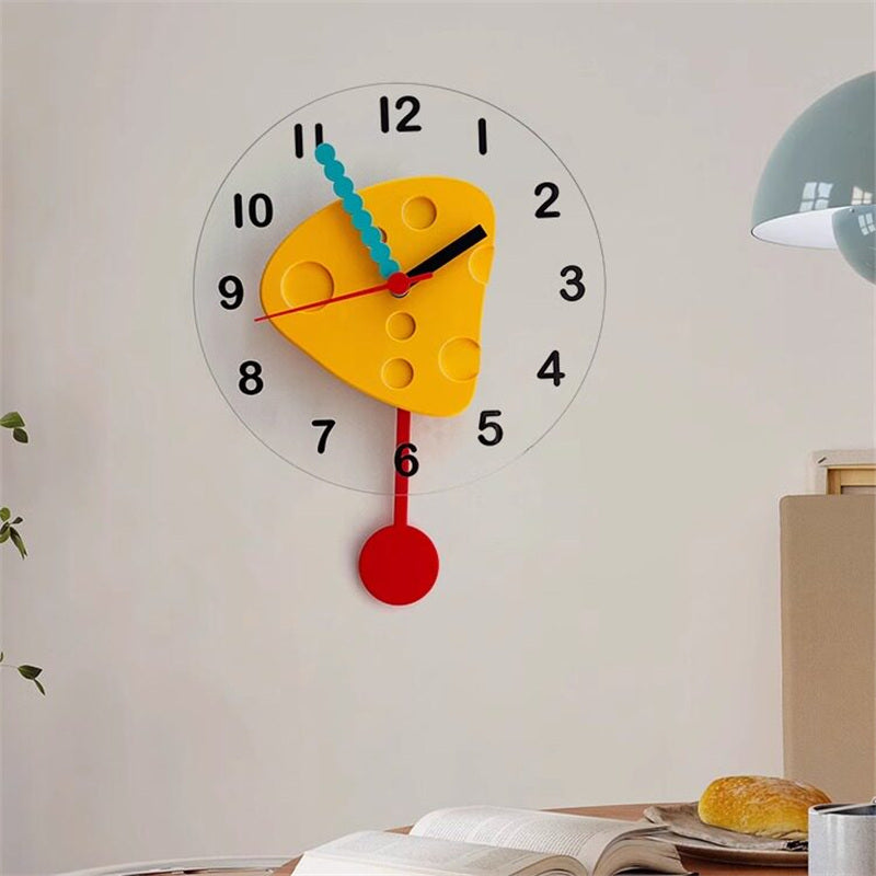 Cheese Shaped Pendulum Wall Clock -  Cute Silent Dessert  Clock for Kids Bedroom Kitchen Decor Gift