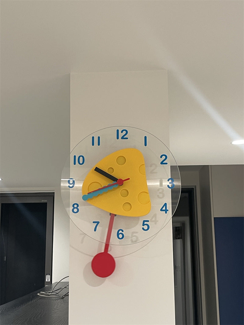 Cheese Shaped Pendulum Wall Clock -  Cute Silent Dessert  Clock for Kids Bedroom Kitchen Decor Gift