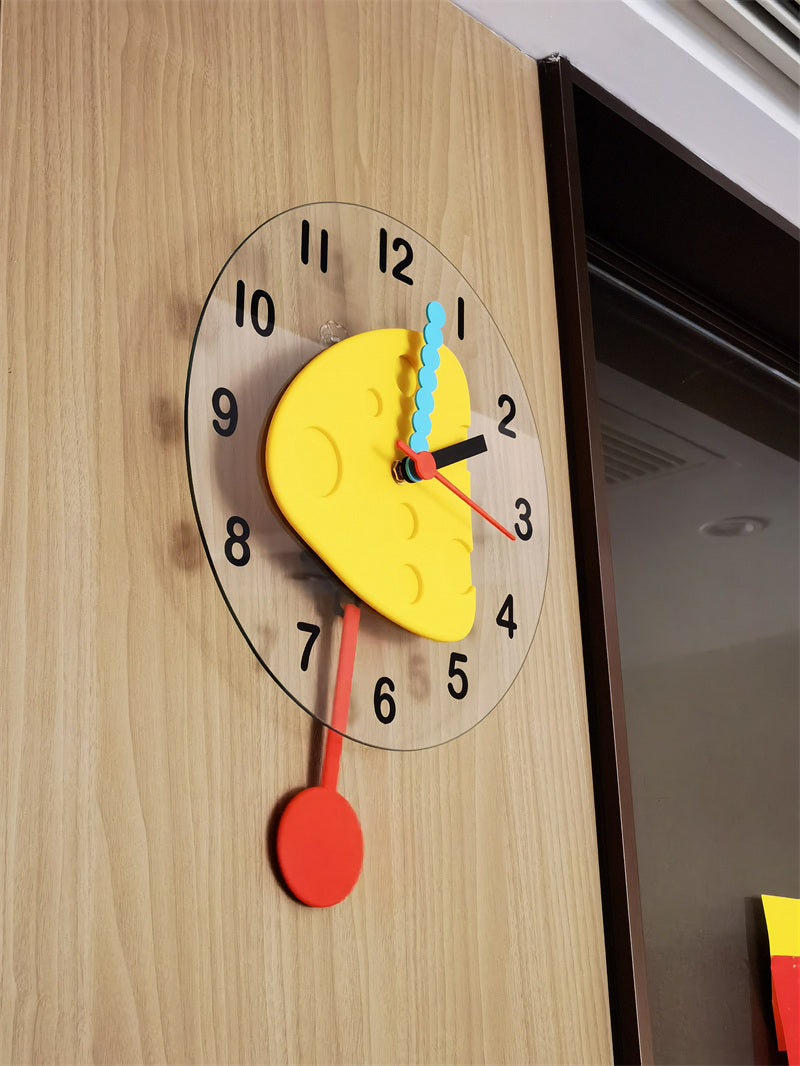 Cheese Shaped Pendulum Wall Clock -  Cute Silent Dessert  Clock for Kids Bedroom Kitchen Decor Gift