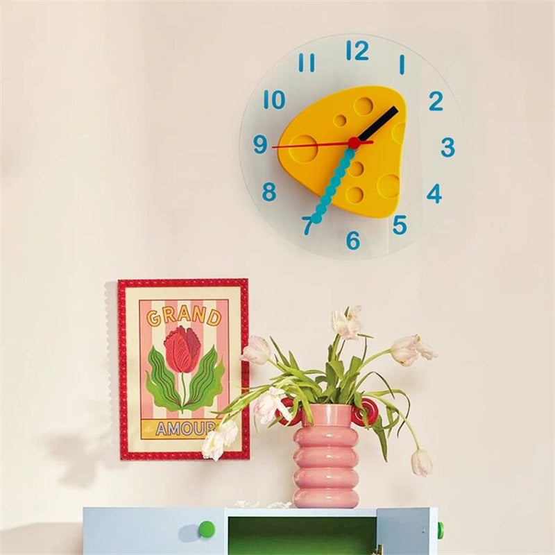 Cheese Shaped Pendulum Wall Clock -  Cute Silent Dessert  Clock for Kids Bedroom Kitchen Decor Gift
