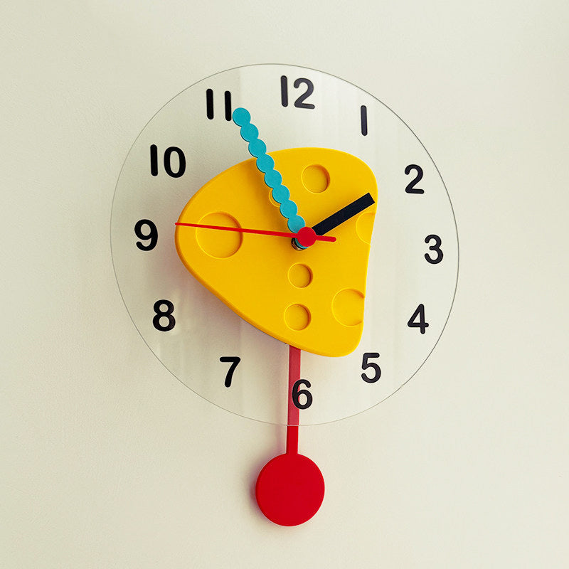 Cheese Shaped Pendulum Wall Clock -  Cute Silent Dessert  Clock for Kids Bedroom Kitchen Decor Gift