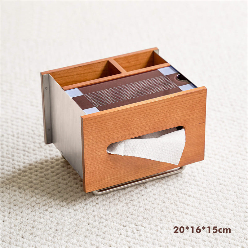 Cherry Wood Stainless Steel Tissue Box, Multi‑Compartment Desk Organizer with Decorative Graphic Top Panel