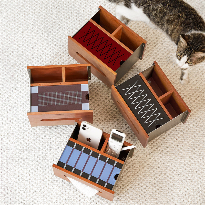 Cherry Wood Stainless Steel Tissue Box, Multi‑Compartment Desk Organizer with Decorative Graphic Top Panel