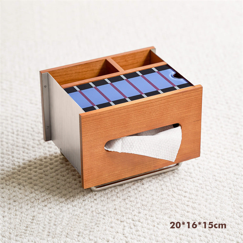 Cherry Wood Stainless Steel Tissue Box, Multi‑Compartment Desk Organizer with Decorative Graphic Top Panel