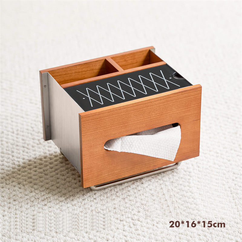 Cherry Wood Stainless Steel Tissue Box, Multi‑Compartment Desk Organizer with Decorative Graphic Top Panel