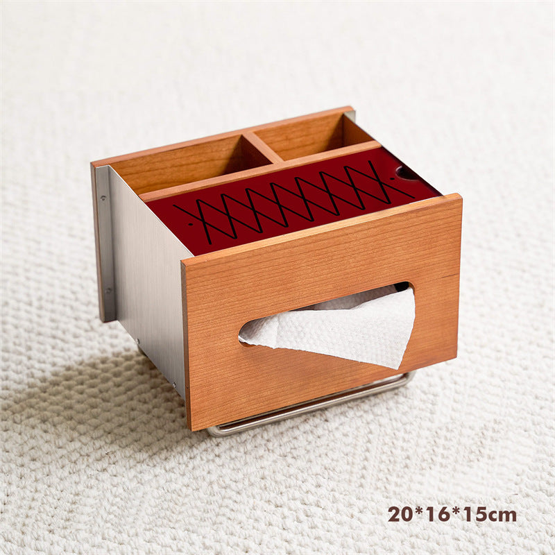 Cherry Wood Stainless Steel Tissue Box, Multi‑Compartment Desk Organizer with Decorative Graphic Top Panel