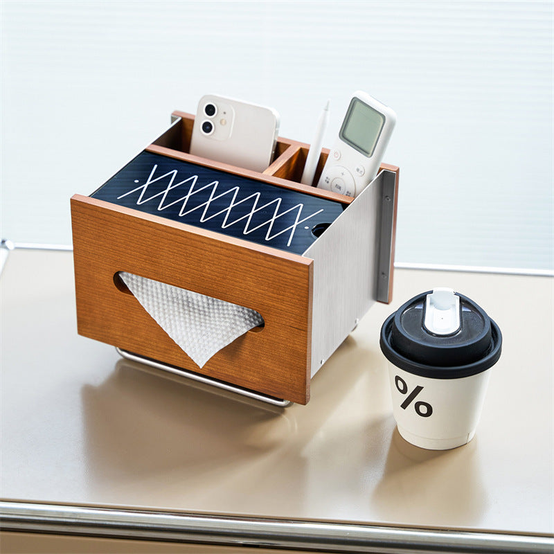 Cherry Wood Stainless Steel Tissue Box, Multi‑Compartment Desk Organizer with Decorative Graphic Top Panel