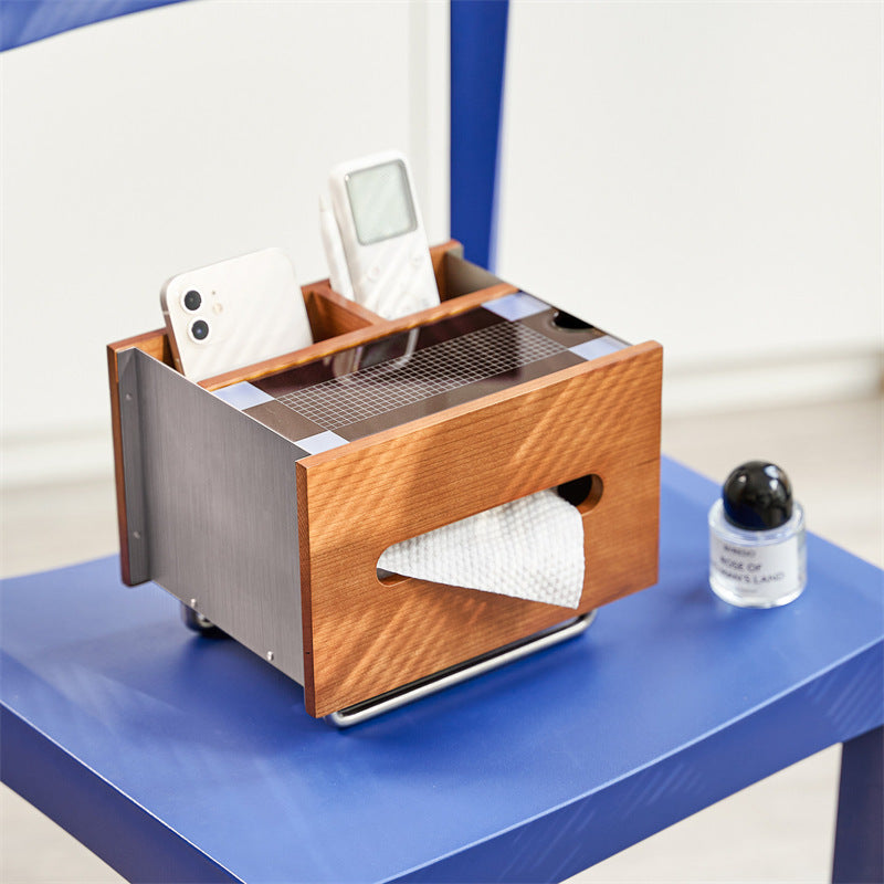 Cherry Wood Stainless Steel Tissue Box, Multi‑Compartment Desk Organizer with Decorative Graphic Top Panel