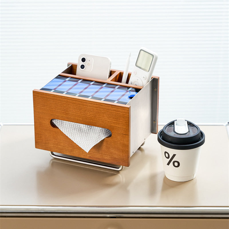 Cherry Wood Stainless Steel Tissue Box, Multi‑Compartment Desk Organizer with Decorative Graphic Top Panel