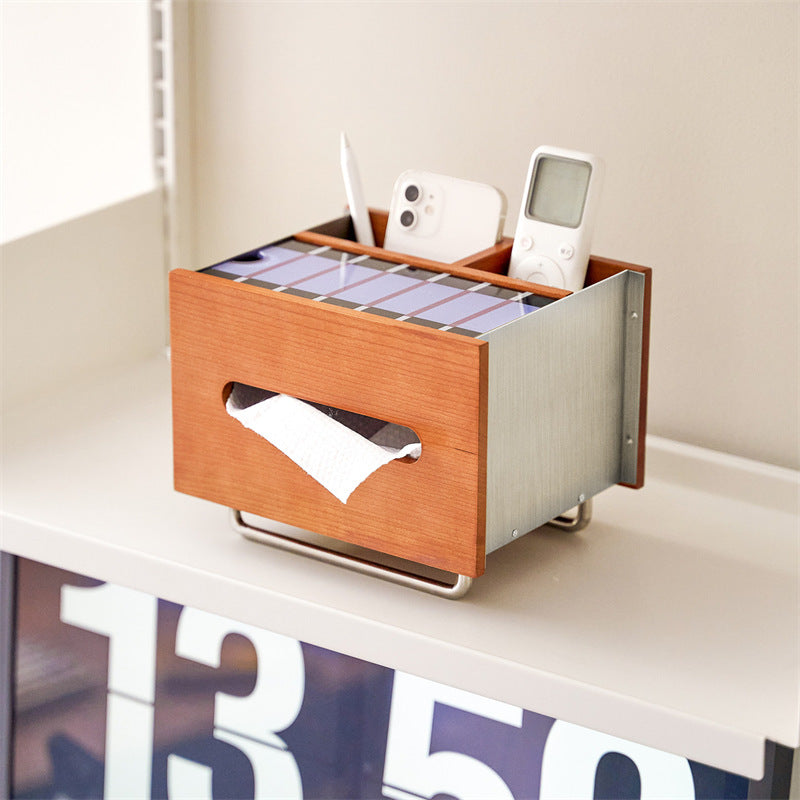 Cherry Wood Stainless Steel Tissue Box, Multi‑Compartment Desk Organizer with Decorative Graphic Top Panel