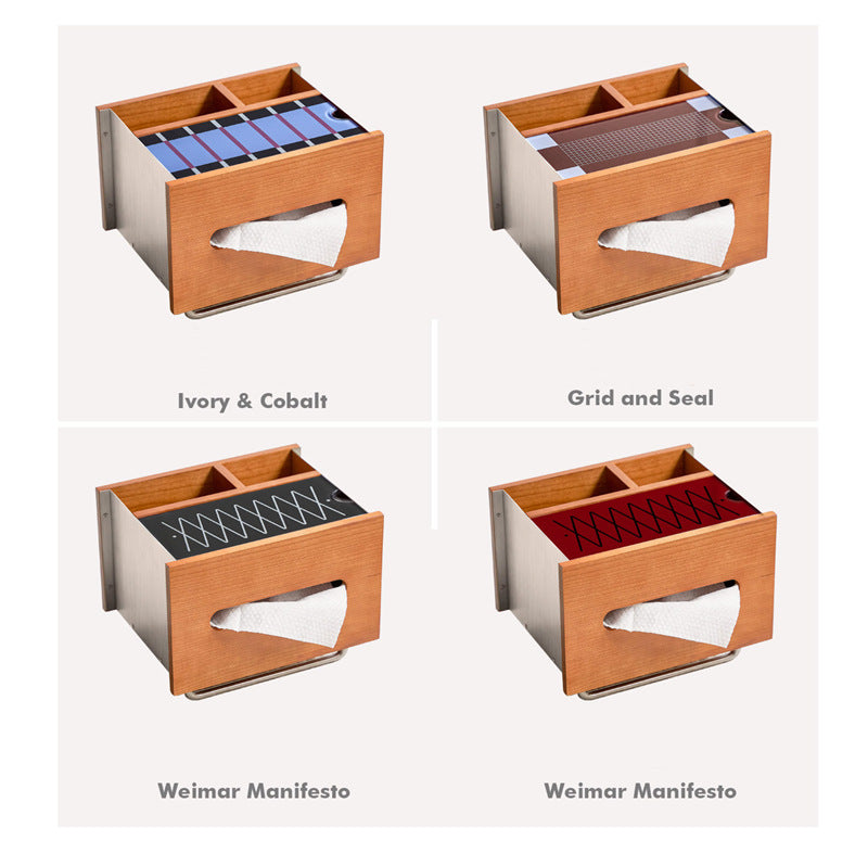 Cherry Wood Stainless Steel Tissue Box, Multi‑Compartment Desk Organizer with Decorative Graphic Top Panel