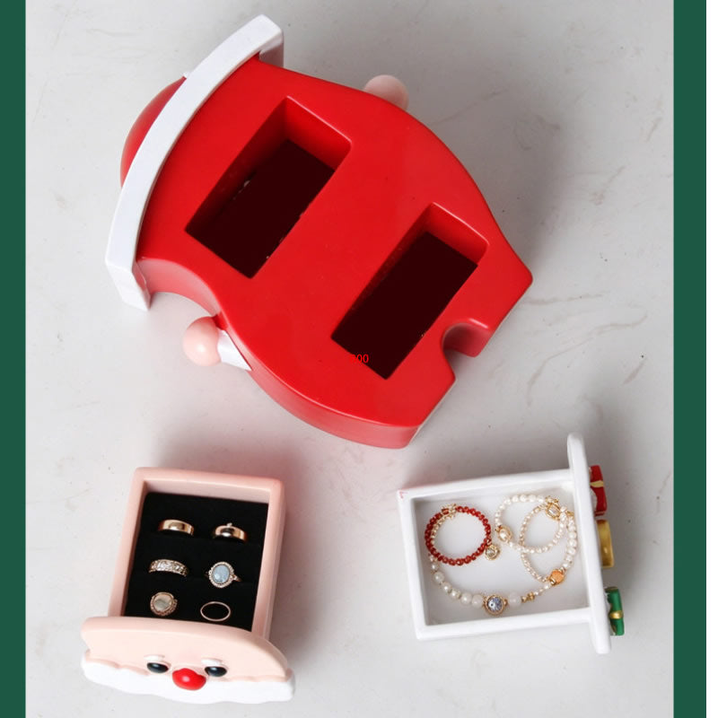 Christmas Cartoon Jewelry Box with Velvet Drawers, Santa Snowman Reindeer Resin Trinket Storage Organizer