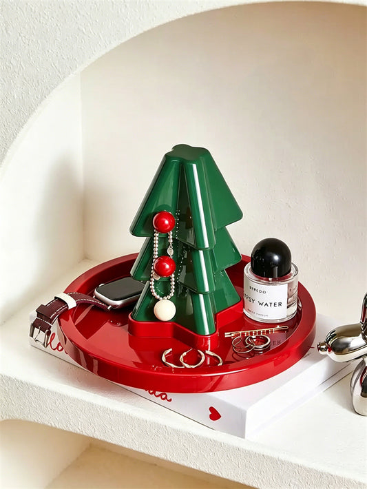 Christmas Tree Jewelry Holder with Tray, Tree-Shaped Ring & Earring Stand, Decorative Accessory Organizer for Vanity