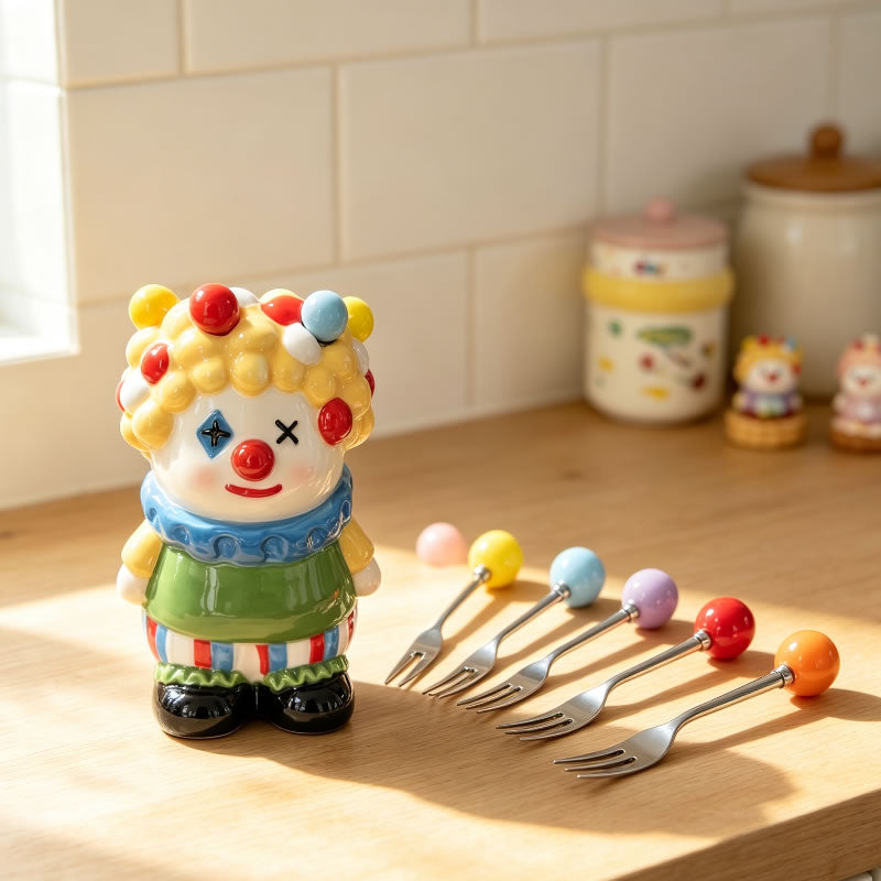 Chubby Cartoon Circus Clown Ceramic Fruit Fork Holder, Cartoon Cute Dessert Fork,Playful Dining Kitchen Counter Decor