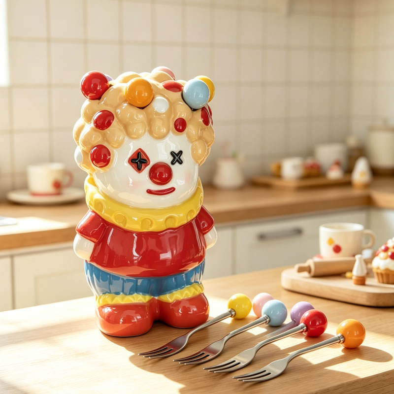 Chubby Cartoon Circus Clown Ceramic Fruit Fork Holder, Cartoon Cute Dessert Fork,Playful Dining Kitchen Counter Decor