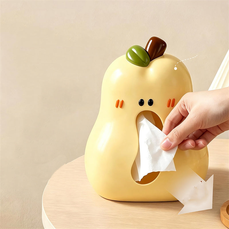 Chubby Shy Cartoon Pear Glossy Tissue Box , Kawaii Yellow Fruit Front Pull Facial Napkin Dispenser, Cute Tabletop Tissue Storage Holder for Bedroom Living Room Kitchen