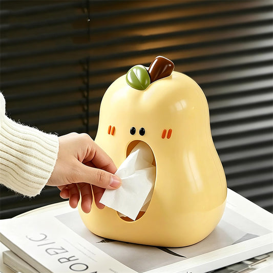 Chubby Shy Cartoon Pear Glossy Tissue Box , Kawaii Yellow Fruit Front Pull Facial Napkin Dispenser, Cute Tabletop Tissue Storage Holder for Bedroom Living Room Kitchen