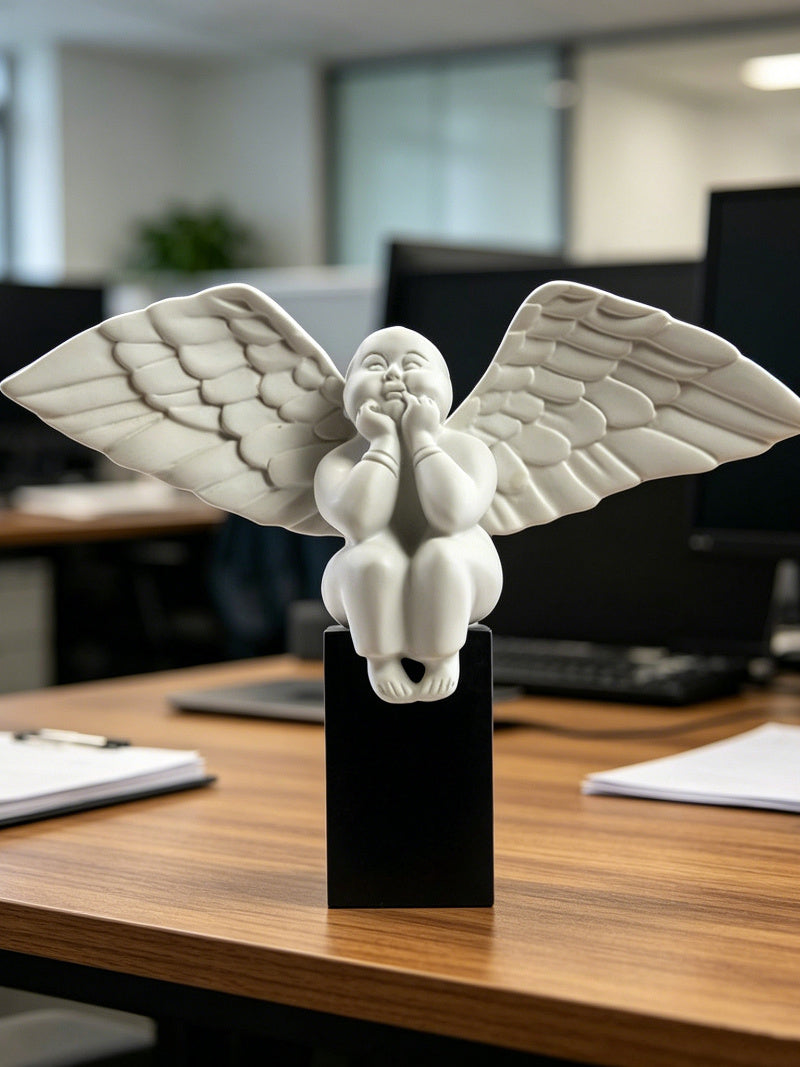 Chubby Squatting Angel Resin Figurine, Large Wing Cherub Sculpture , Modern Minimalist Home Table Decor Ornament