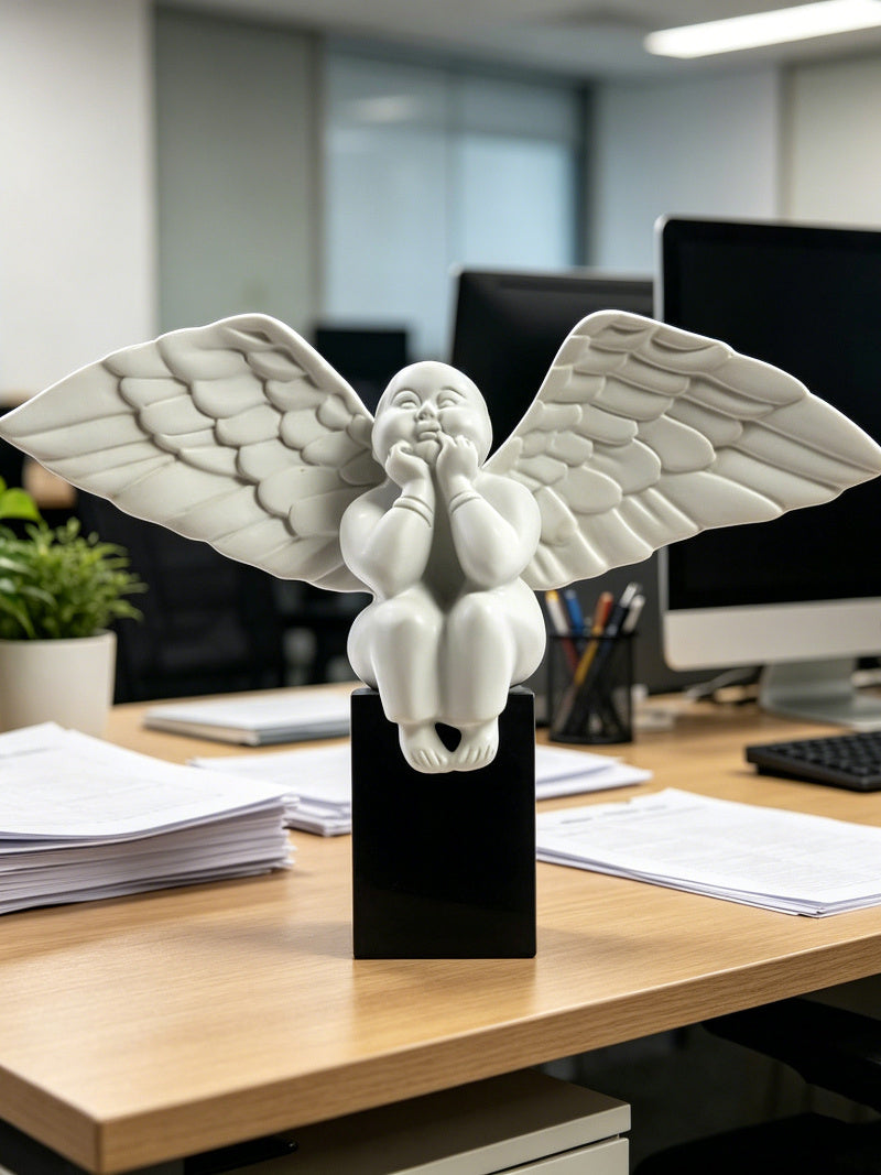Chubby Squatting Angel Resin Figurine, Large Wing Cherub Sculpture , Modern Minimalist Home Table Decor Ornament