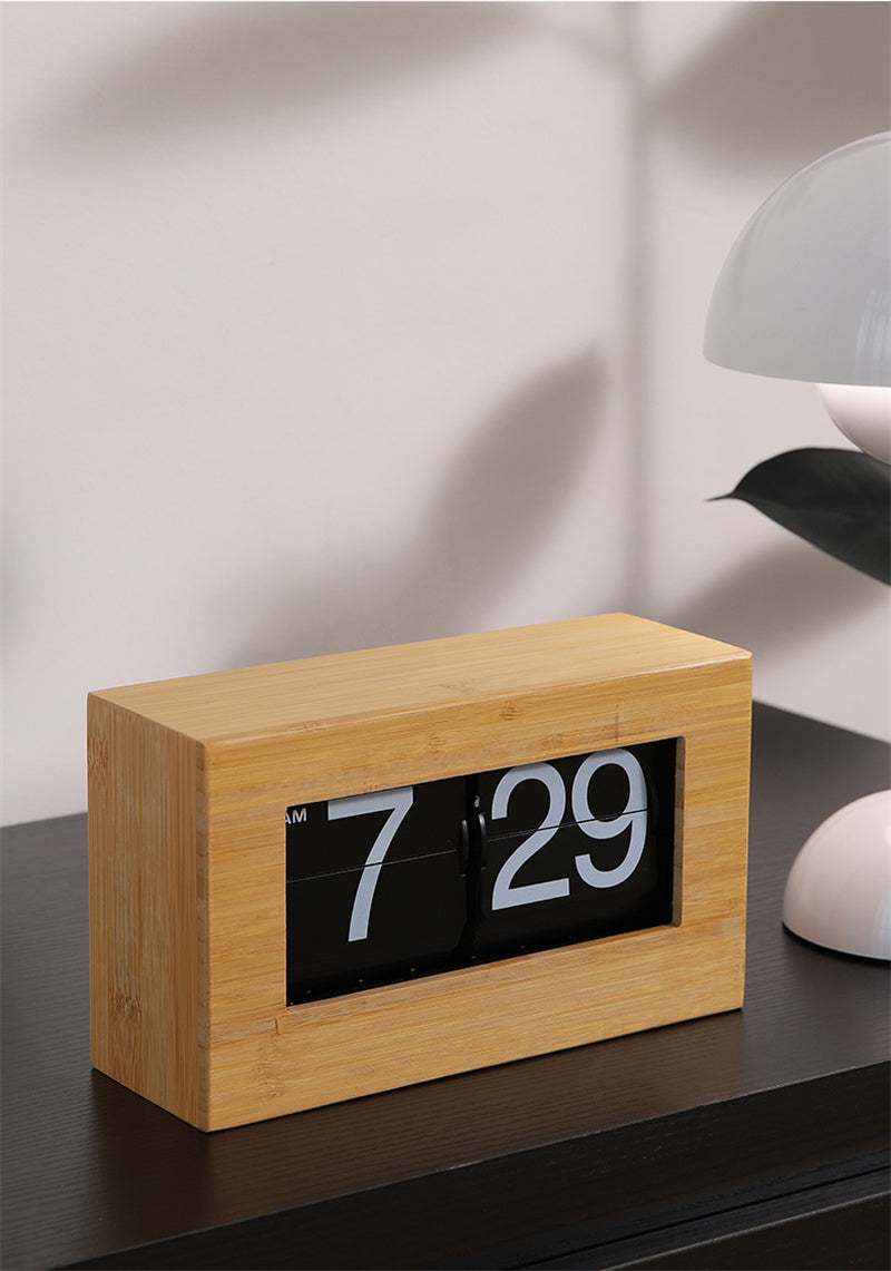 Classic Bamboo Flip Clock - Retro Mechanical Desk Clock with Wooden Frame