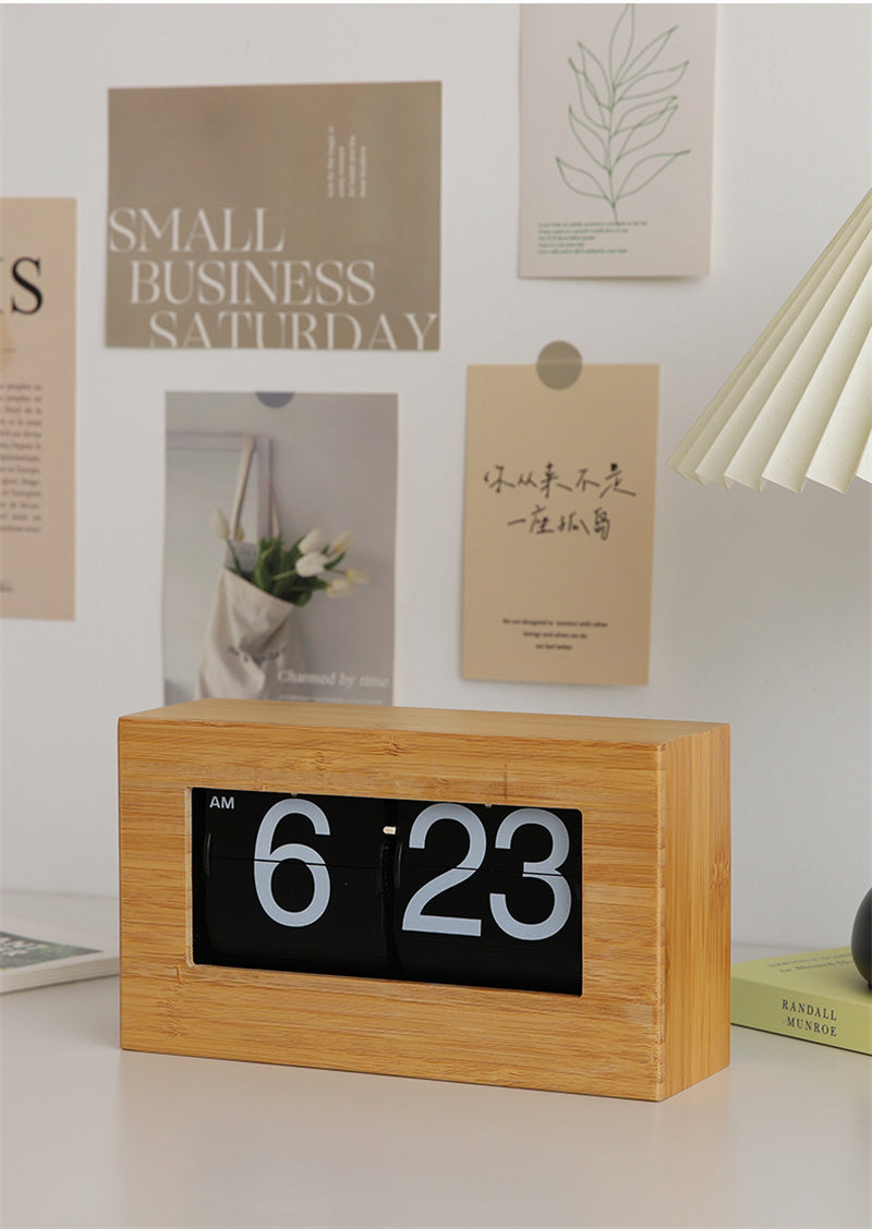 Classic Bamboo Flip Clock - Retro Mechanical Desk Clock with Wooden Frame