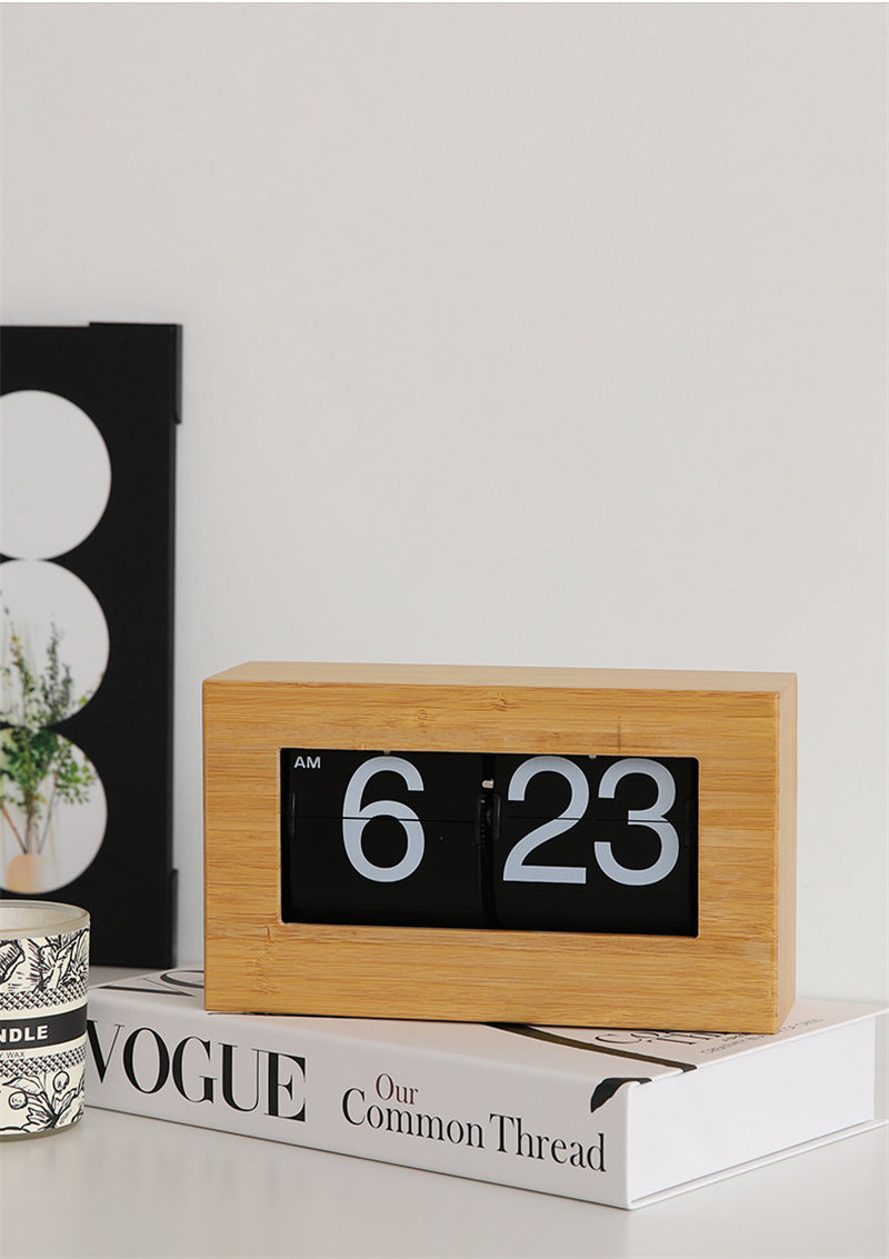 Classic Bamboo Flip Clock - Retro Mechanical Desk Clock with Wooden Frame