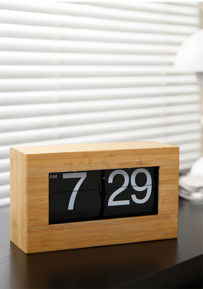 Classic Bamboo Flip Clock - Retro Mechanical Desk Clock with Wooden Frame