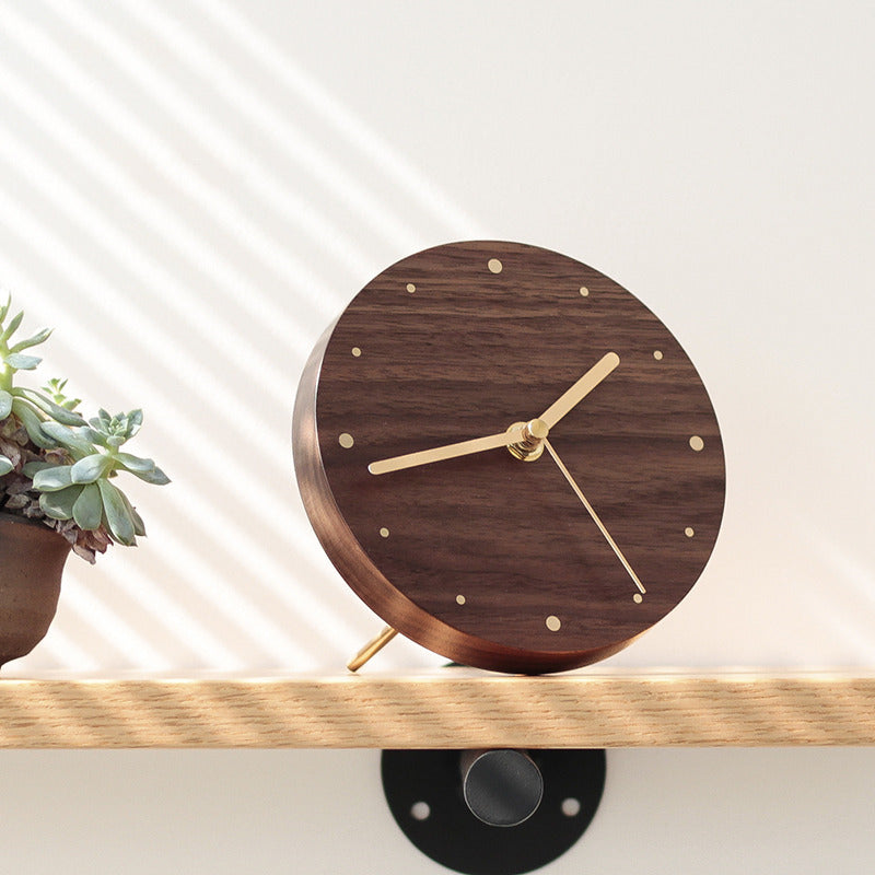 Classic Black Walnut Art Round Desk Clock with Brass Hands – MoreAngle