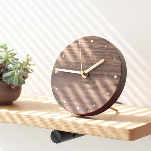 Classic Black Walnut Art Round Desk Clock with Brass Hands – MoreAngle