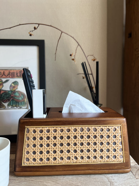 Classic Wooden Rattan Craft Tissue Box, Desktop Storage
