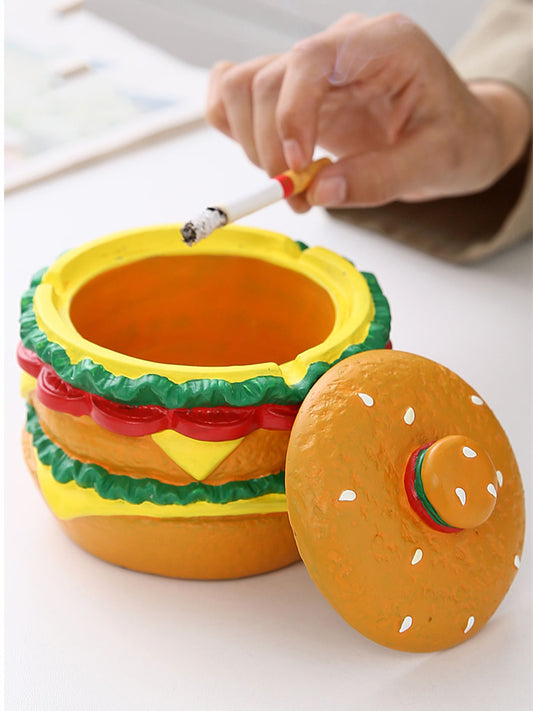 Concrete Hamburger Ashtray with Lid - Novelty Fast Food-Themed Smoking Accessory