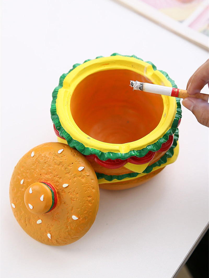 Concrete Hamburger Ashtray with Lid - Novelty Fast Food-Themed Smoking Accessory