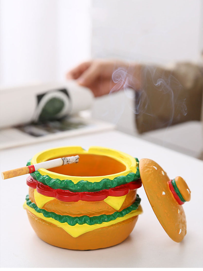 Concrete Hamburger Ashtray with Lid - Novelty Fast Food-Themed Smoking Accessory