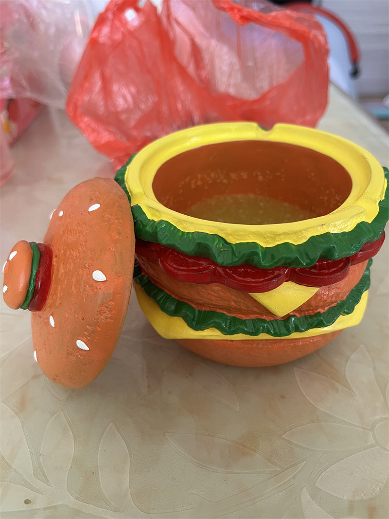 Concrete Hamburger Ashtray with Lid - Novelty Fast Food-Themed Smoking Accessory