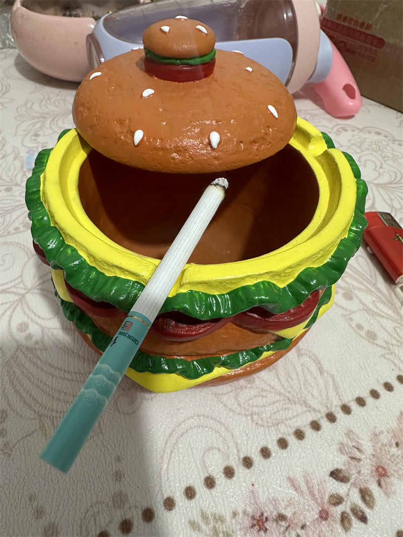 Concrete Hamburger Ashtray with Lid - Novelty Fast Food-Themed Smoking Accessory