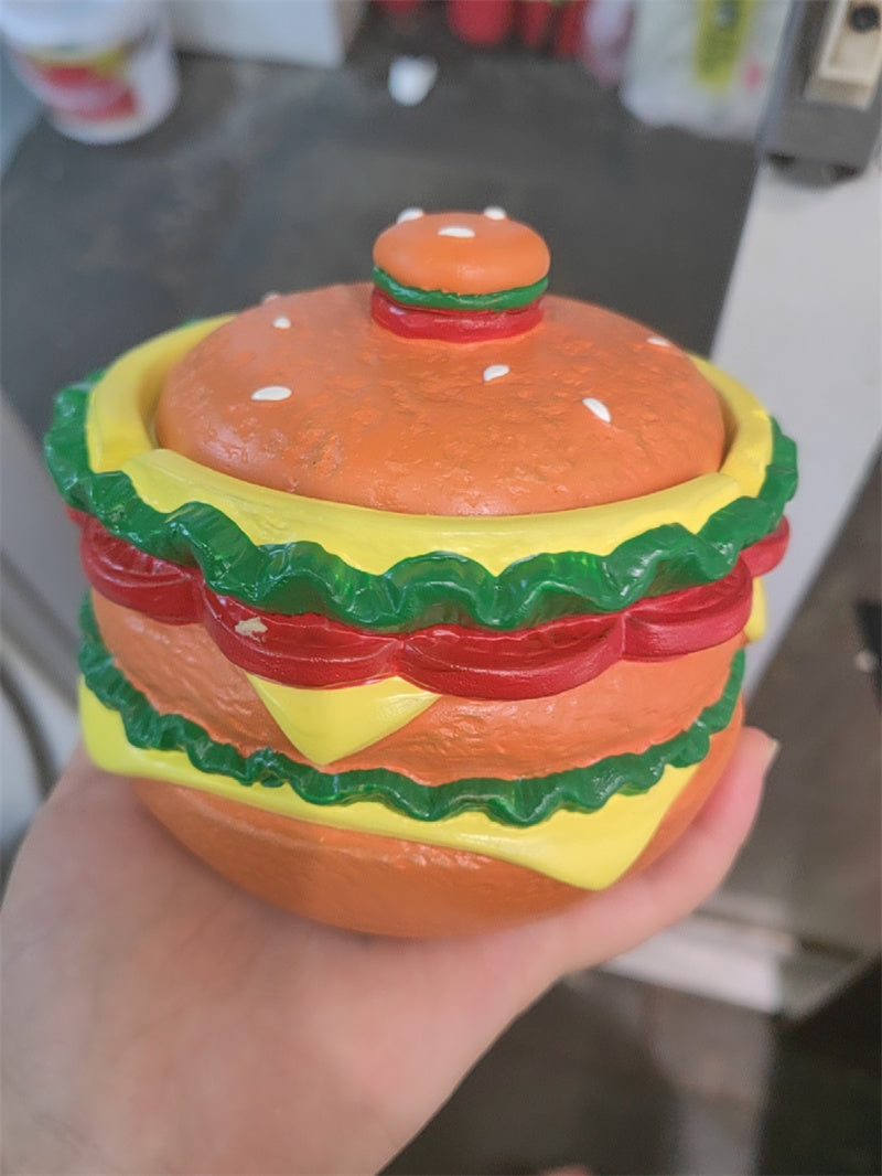 Concrete Hamburger Ashtray with Lid - Novelty Fast Food-Themed Smoking Accessory