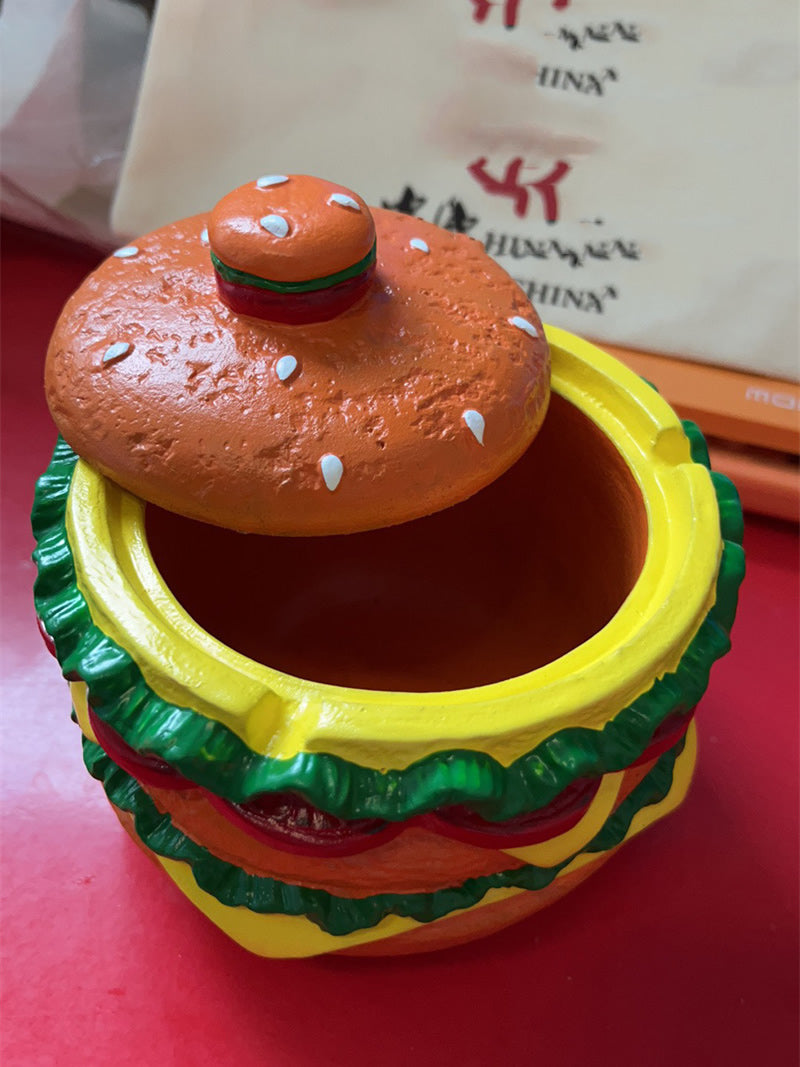 Concrete Hamburger Ashtray with Lid - Novelty Fast Food-Themed Smoking Accessory