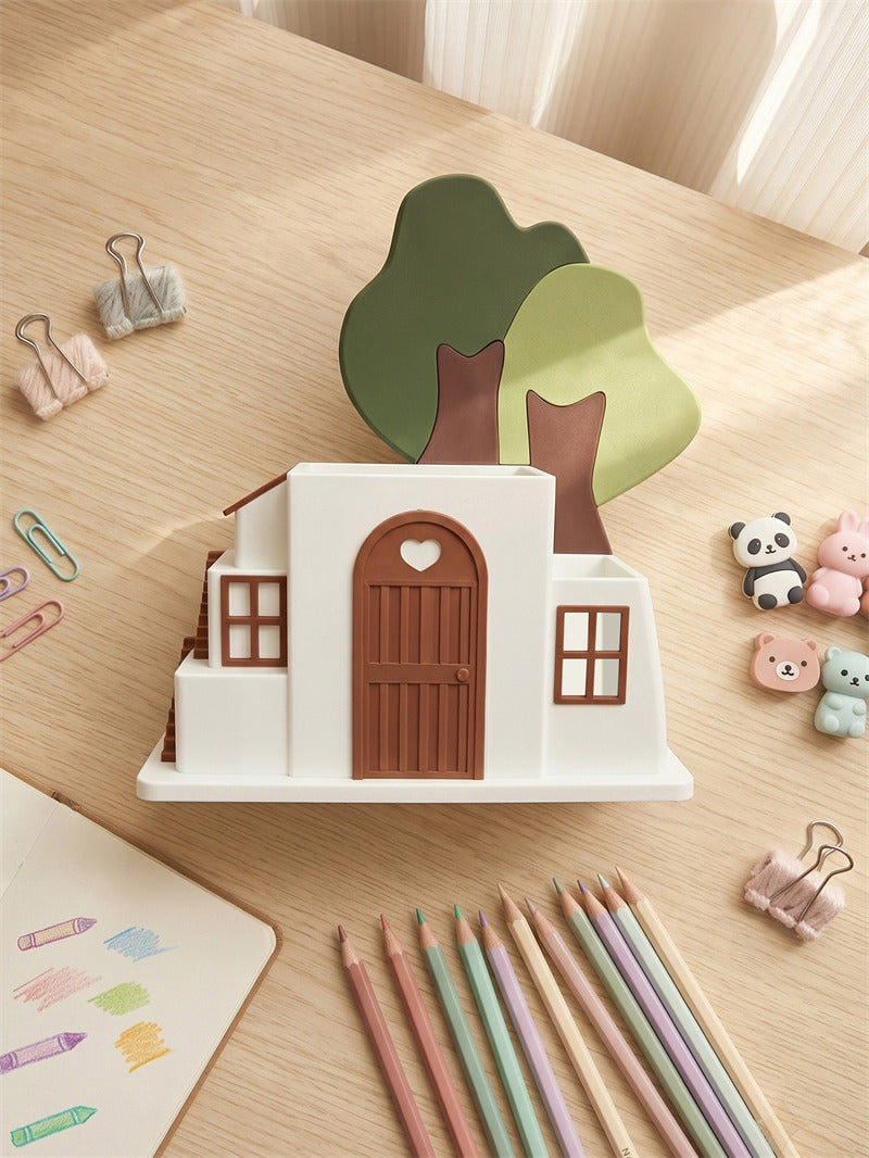 Cottage House‑Shaped Pen Holder, Desk Storage Organizer with Tree Decor,Unique Home & Office Decor Gift
