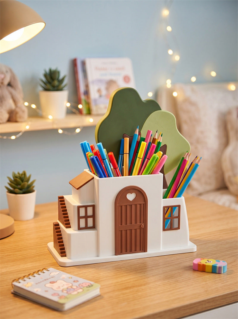 Cottage House‑Shaped Pen Holder, Desk Storage Organizer with Tree Decor,Unique Home & Office Decor Gift