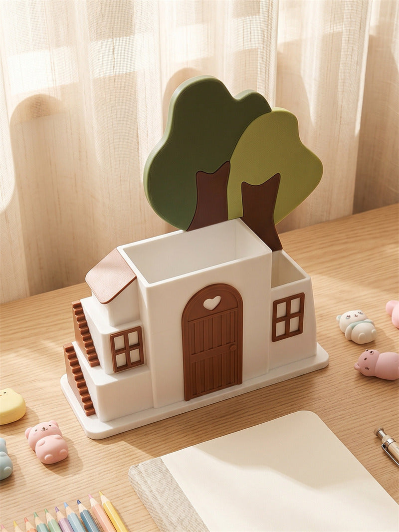 Cottage House‑Shaped Pen Holder, Desk Storage Organizer with Tree Decor,Unique Home & Office Decor Gift