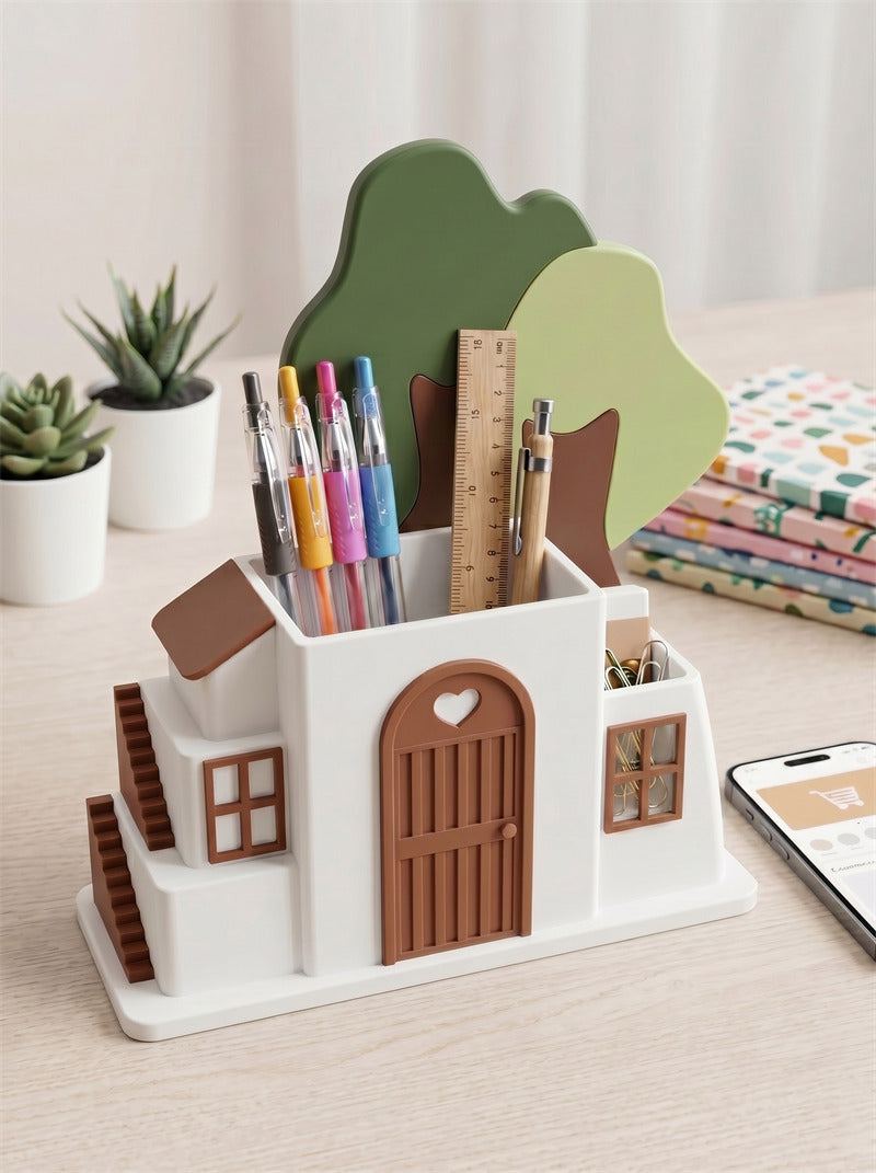 Cottage House‑Shaped Pen Holder, Desk Storage Organizer with Tree Decor,Unique Home & Office Decor Gift