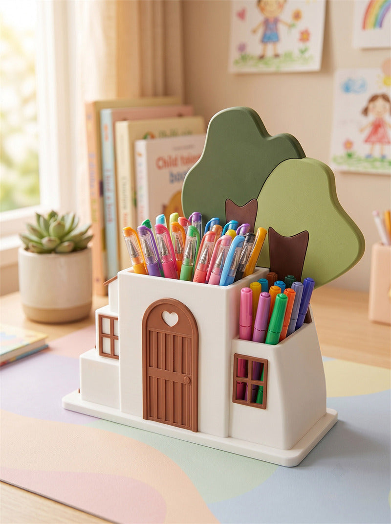 Cottage House‑Shaped Pen Holder, Desk Storage Organizer with Tree Decor,Unique Home & Office Decor Gift