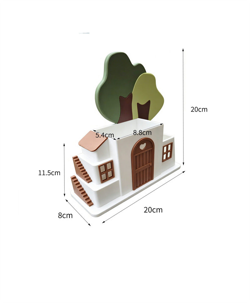 Cottage House‑Shaped Pen Holder, Desk Storage Organizer with Tree Decor,Unique Home & Office Decor Gift