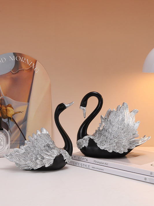 Couple Black Swan Figurines - Statues with Detailed Silver Feathers for Home & Wedding Decor Gift