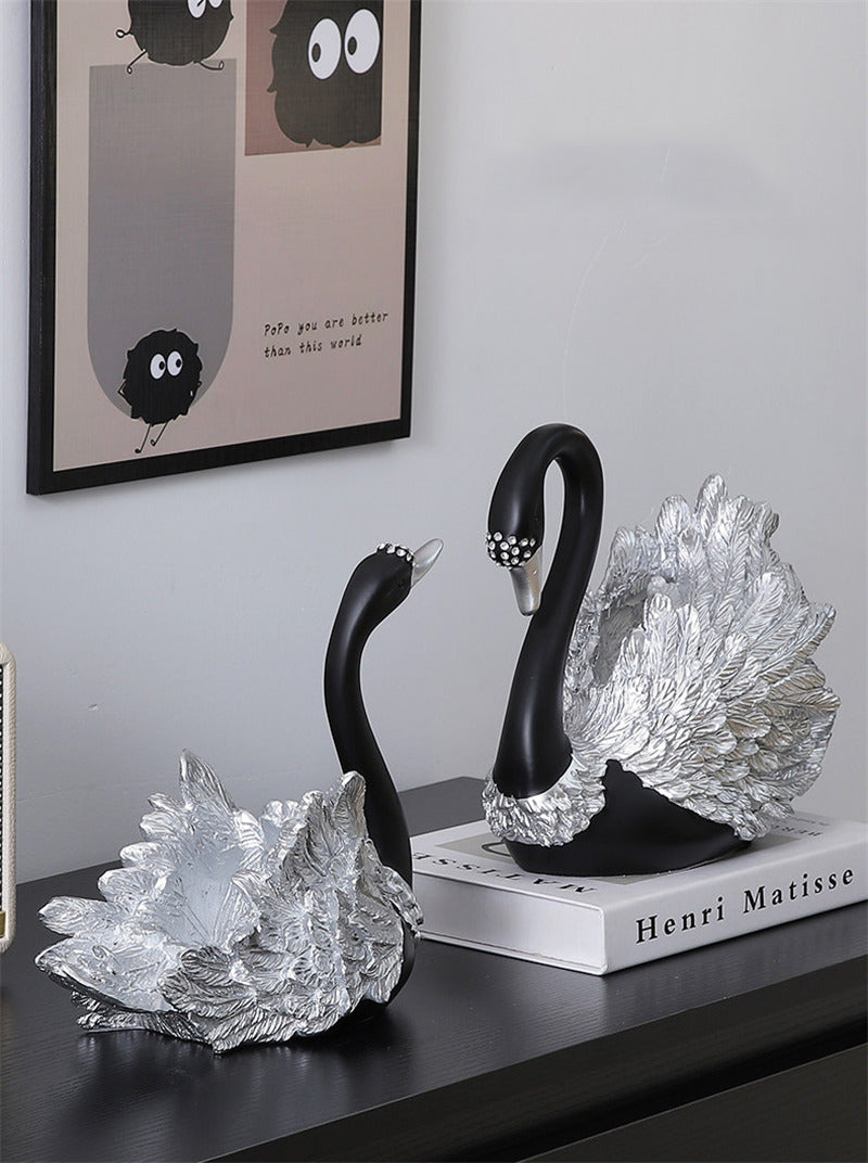 Couple Black Swan Figurines - Statues with Detailed Silver Feathers for Home & Wedding Decor Gift